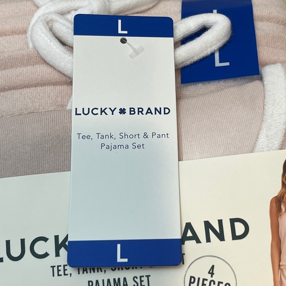 Lucky‎ Brand Women's 4 Piece Pajama Set Pink V Neck Tee Tank Shorts Pants L - Picture 2 of 9